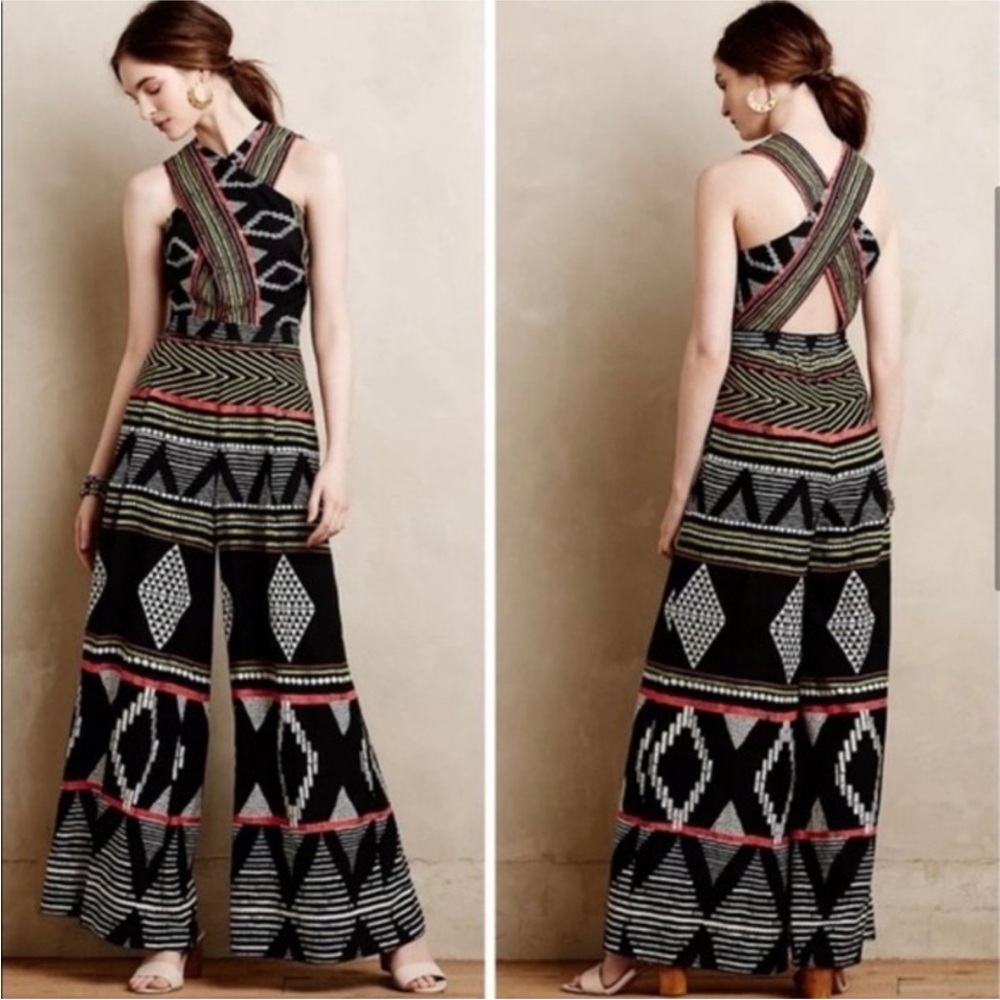 Anthropologie Elevenses Amapa Black Tribal Print Crossfront Wide Leg Jumpsuit 8